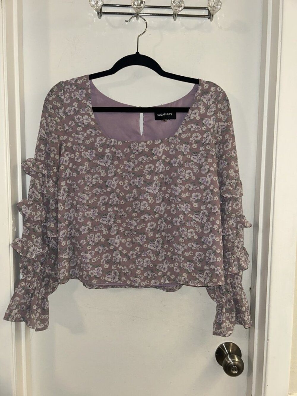 Sugarlips Purple Floral Ruffle Puff Sleeve Boho Cottage Chic Preppy Blouse Small - Picture 2 of 7